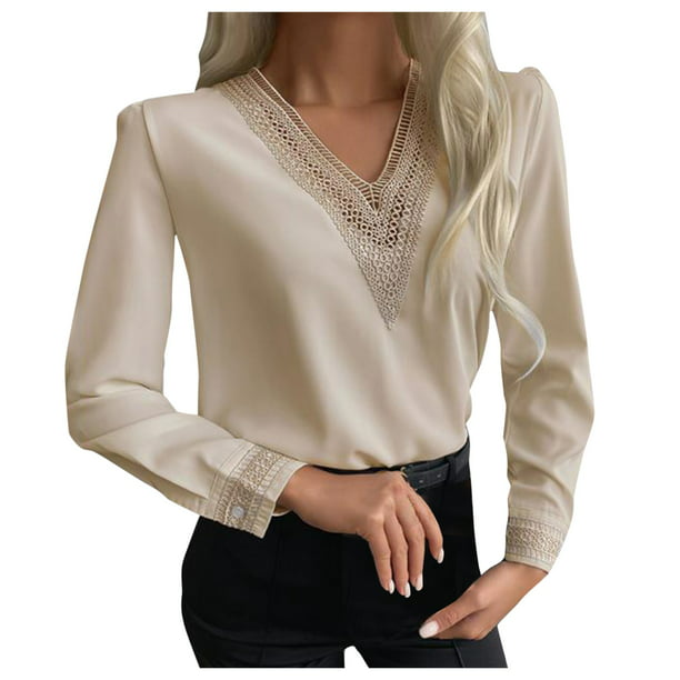 Women's O-Neck Top Solid Color Lace Patchwork Long Sleeve Tops T-Shirt Blouse I